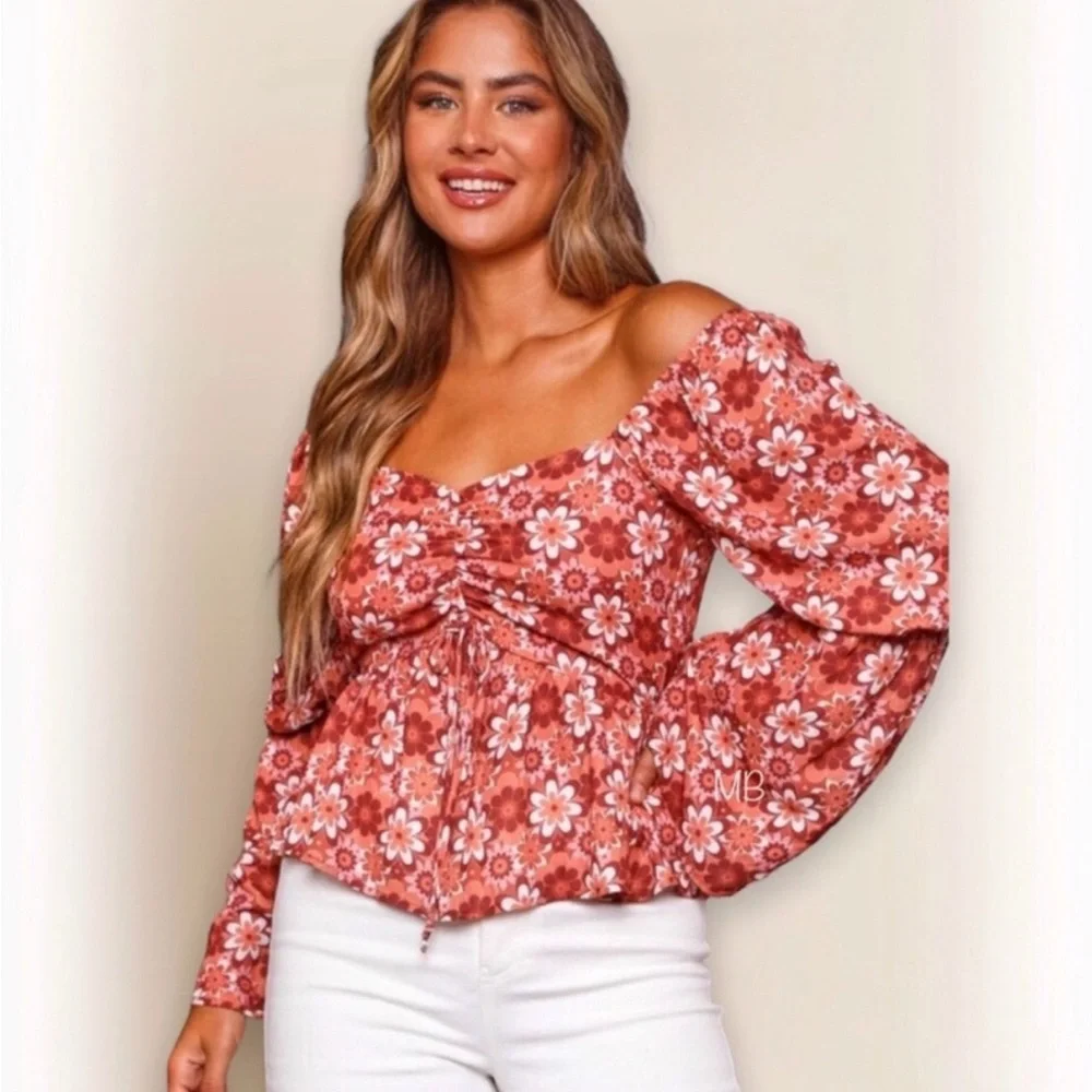 Red Floral Corset Peplum Blouse